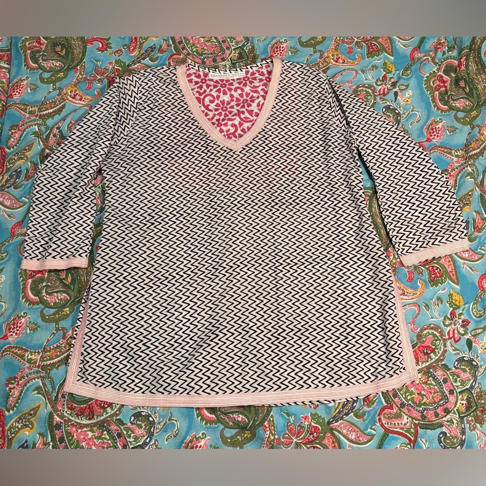 GRETCHEN SCOTT resort wear COTTON. Popover TUNIC TOP size XL black/white/ pink